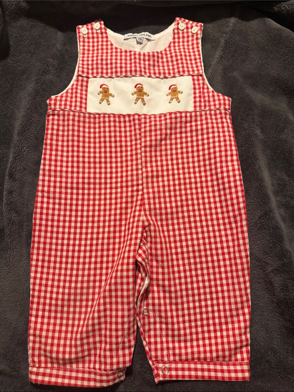 Sweet Dreams French Knot Christmas Santa Gingerbread Cookie Gingham Romper NWOT